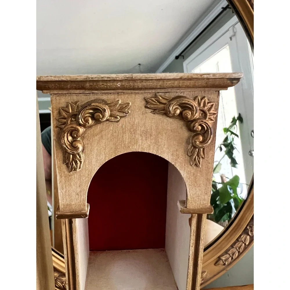 Vintage Style Red Velvet Trinket Curio Shelves Faux Drawer  Pair Gold Cream